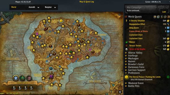 Best WoW addons 2022: The world map as illustrated with the Angry World Quests mod enabled, depicting the markers for various world quests on different worlds.