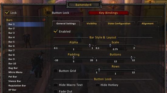 Best WoW addons 2022: The Bartender 4 mod settings, showing the number of bars it affects and the general settings, visibility, configuration, and alignment of each one.