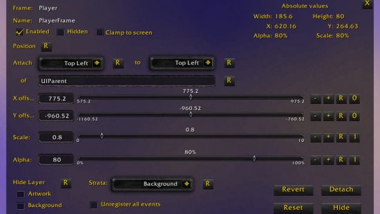 Best WoW addons 2022: The settings menu for the MoveAnything mod, specifically concerning the portrait frame for the player and the many options available to reposition and rescale it.