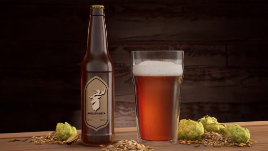 Brewmaster life sim: A glass of pale brown beer sits in a table next to ripe yellow hops