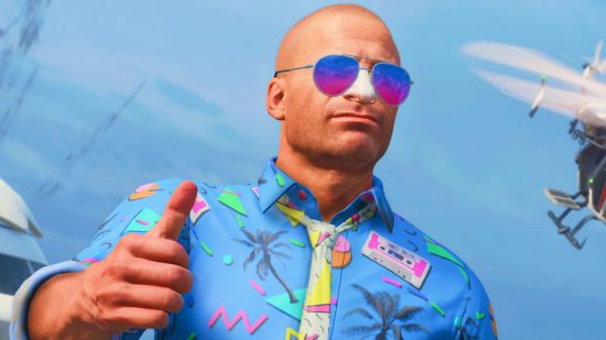 Call of Duty: Black Ops 4 co-op campaign could have been amazing: Hudson from Call of Duty Black Ops 4 wears a colourful 90s shirt and purple shades while giving a thumbs up