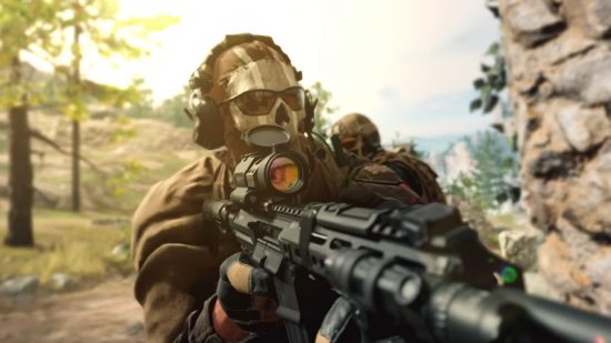 Call of Duty: Modern Warfare 2 campaign early access: Wearing his trademark skull mask and bandana, Simon 'Ghost' Riley raises a tactical rifle as he prepares to breach a door offscreen.