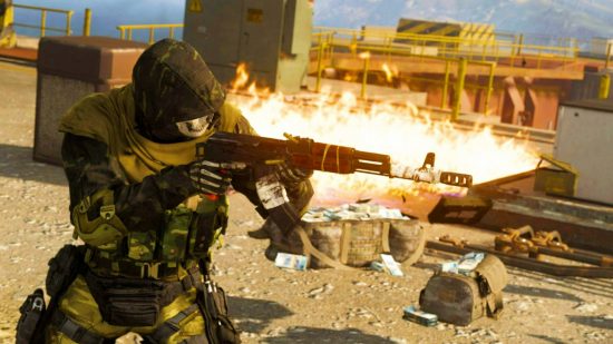 Call of Duty: Warzone meta: a soldier in a skull face mask fires an assault rifle while a fire rages behind them'