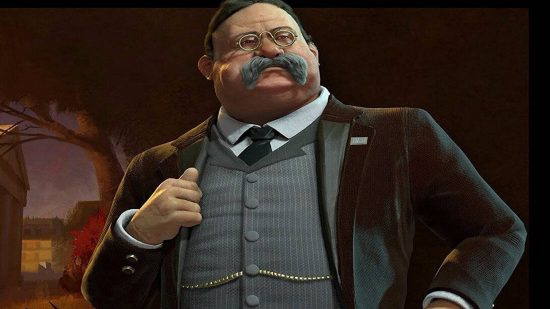 Civ 6 management study: Theodore Roosevelt holds the lapel of his coat and looks smugly out
