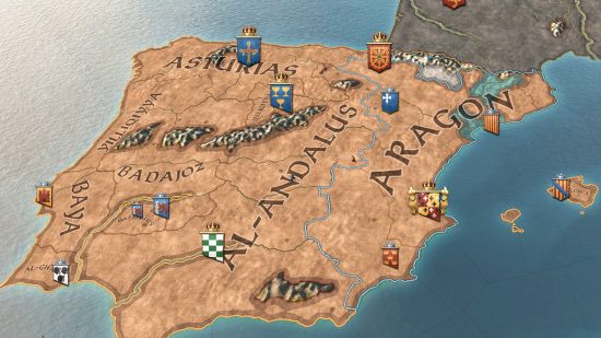 Crusader Kings 3 DLC price increase: A map of the Iberian peninsula with crests and kingdom names indicating the kingdoms of the region