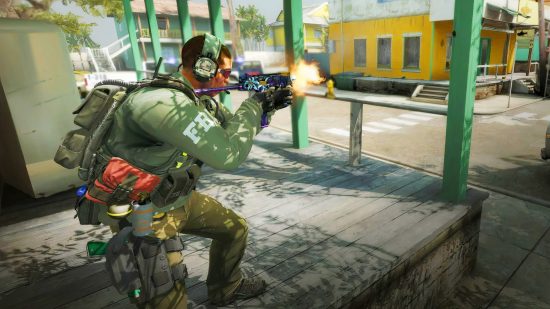 CS:GO Source 2 gets first gameplay trailer, but not from Valve: a soldier fires a gun from a crouching position in Counter Strike: Global Offensive, the FPS game from Valve