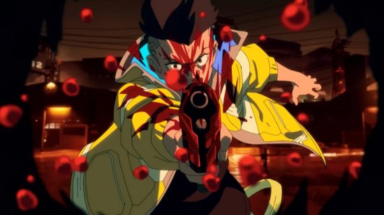 Cyberpunk 2077 anime release date: A young man wearing a blood-spattered yellow jacket aims a pistol directly at the camera