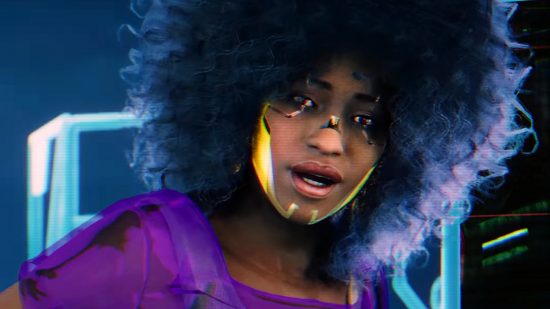 Cyberpunk 2077 time dilation overhaul - a character in purple with a large afro and cybernetic facial enhancements