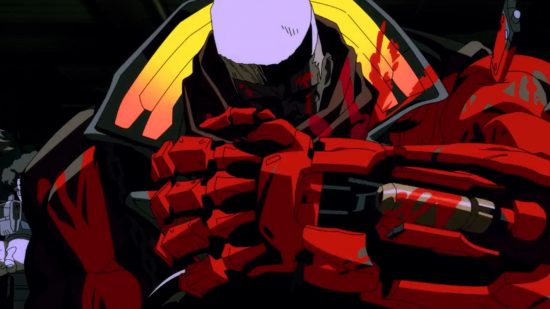 Cyberpunk anime trailer: A large man with a purple buzzcut lifts a huge, red metal-enhanced arm in front of his face.