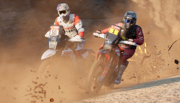 dakar desert rally gameplay preview: survival racing game two motorcyclists driving in desert area