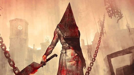 Dead by Daylight killer Pyramid Head: A masked butcher-like figure from Silent Hill stares you down while covered in blood