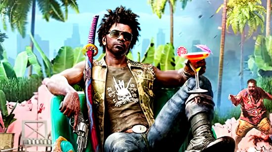 Dead Island - a man lounges on a chair with a cocktail in one hand, a katana resting against his shoulder