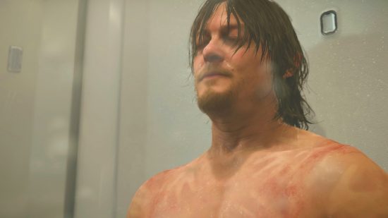 Death Stranding confirmed for PC Game Pass: a man, Norman Reedus playing Sam in Death Stranding, takes a shower