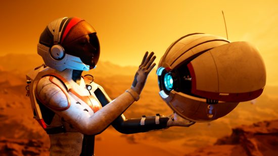 Deliver Us Mars is a very different space game from Starfield: an astronaut from the space game Deliver Us Mars interacts with a robot companion