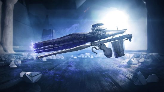 Destiny 2 exotic weapons buff: A futuristic pulse rifle is lit with cold blue light