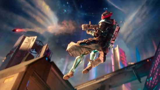 Destiny 2 expansions: A Guardian fires a launcher while leaping amid some futuristic, shimmering buildings