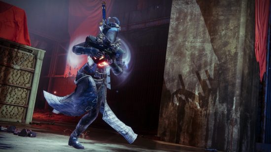 Destiny 2 PVP Eruption: A glowing guardian wearing a horned helmet and holding an SMG