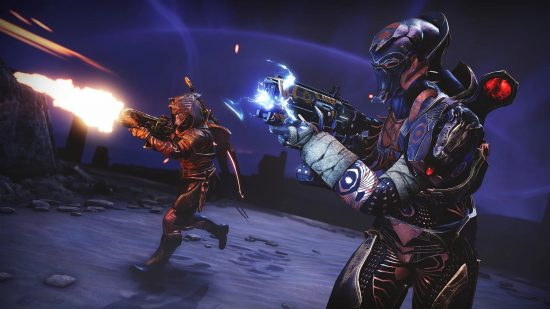 Destiny 2 Season 18 grenade launcher: Two guardians wearing heavy armor fire their weapons in a dark room
