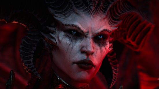 Diablo 4 microtransactions: A gray-faced demoness stares solemnly out at the viewer