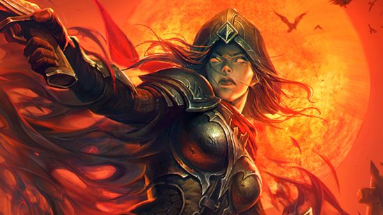 Diablo Immortal - a demon hunter in front of a fiery blood moon