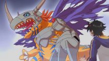 Digimon Survive evolution guide: Takuma, the protagonist of Digimon Survive, looks on as his Greymon digivolves to MetalGreymon