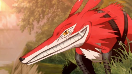 ดิจิมอนรอดชีวิตมาได้กรรม: โปรไฟล์ด้านข้างของ Fangmon แสดงให้เห็นถึงดวงตาที่เจาะทะลุและรอยยิ้มที่มีฟัน Fangmon เป็นหัวหน้าคนแรกของ Digimon Survive และการจัดตำแหน่งกรรมของคุณขึ้นอยู่กับว่า Agumon จะ Digivolve เพื่อต่อสู้กับเขาอย่างไร