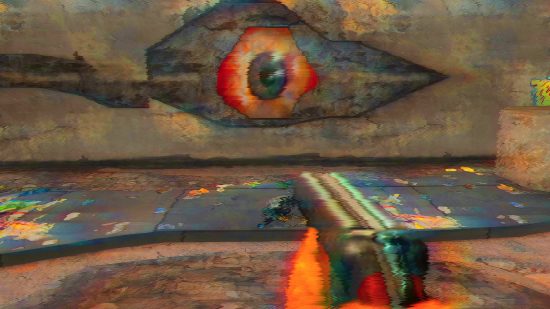 Doom mod makes FPS a Bloodborne and System Shock-style horror game: a huge monstrous eye stares at you through a concrete wall while you point a shotgun at it