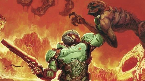 Doom on a tractor: A man in green armor holds a skeleton monster in his left hand