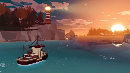 Dredge is an idyllic fishing sim with a horror game below the surface: a fishing boat sails on calm waters towards the sunset