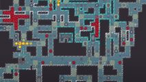 Dwarf Fortress gameplay video: A blue-hued cavern deep below a fortress with red-capped giant mushrooms filling the narrow corridors, while in the centre, a rail track winds its way from the floor above to the floor below.