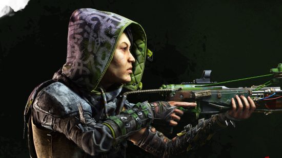 Dying Light 2 update 1.5: Agent Shen Xiu, wearing a painted hood, readies a crossbow
