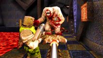 Elden Ring and Quake are finally together in amazing new mod: a monster attacks an armour-wearing warrior in the FPS game Quake