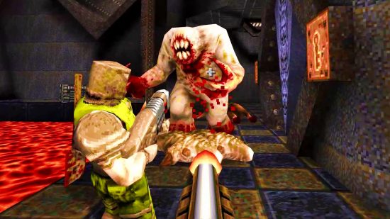 Elden Ring and Quake are finally together in amazing new mod: a monster attacks an armour-wearing warrior in the FPS game Quake