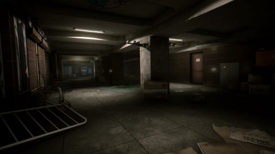 Escape from Tarkov screenshots: An underground area, probably a subway, with metal shutters covering several storefronts along the walls