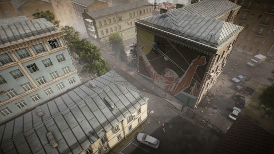 Escape from Tarkov screenshots: Seen from high above, the side of a building displays a mural of Soviet space program art