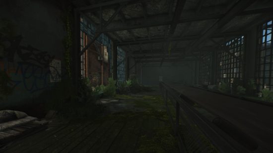 Escape from Tarkov screenshots: A factory floor overgrown with moss and ferns, an unused conveyor track leads from the back to the front of the space, and floor-to-ceiling windows line the side walls