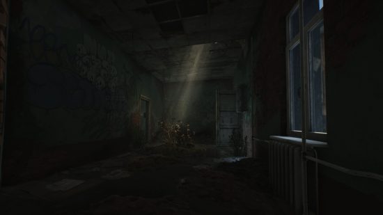 Escape from Tarkov screenshots: Sunlight seeps into a dark hallway, the floor is covered in water and debris, and a bush is growing in the area lit by the sun
