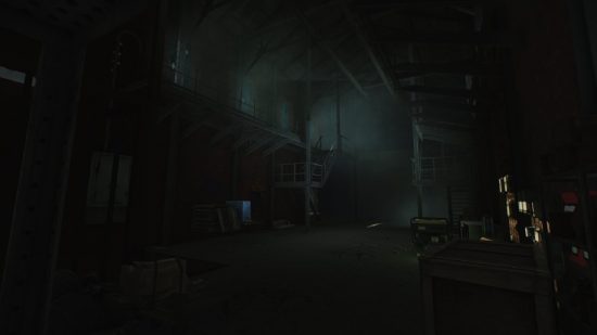 Escape from Tarkov screenshots: An abandoned warehouse area, with some sunlight seeping in from the left side and lighting up a card filing cabinet on the right side of the frame. Metal stairways lead up to gangplanks on the upper floor.