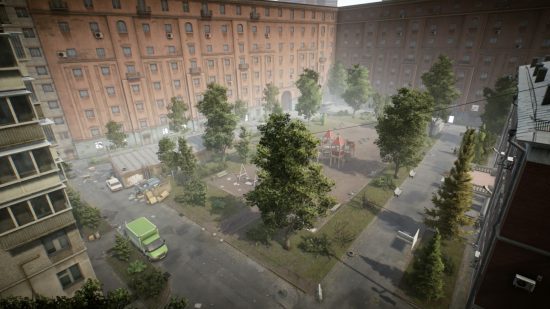 Escape from Tarkov screenshots: Seen from above, a children's playground in the middle of a city block lined with tall apartment buildings