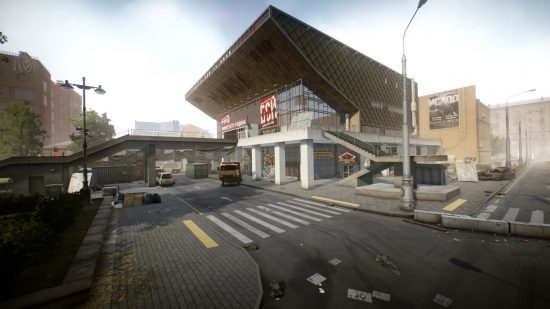 Escape from Tarkov screenshots: A modern glass and steel museum or performance space, with the street in front lined with debris and haphazardly parked vehicles