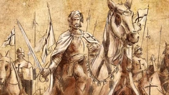 Europa Universalis 4 DLC Lions of the North release date: A sketchy parchment drawing of a lord on horseback with a sword drawn in his right hand. He wears plate armour and a cape bearing a crusader's cross