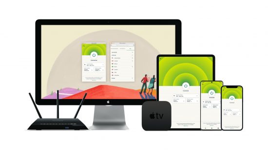ExpressVPN displayed on the monitors of multiple devices, including a computer monitor, a phone, a tablet, and another phone.