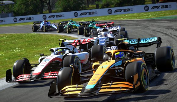 F1 22 cross-play dates: Colourful F1 cars bunch up as they round a corner on a sunny track