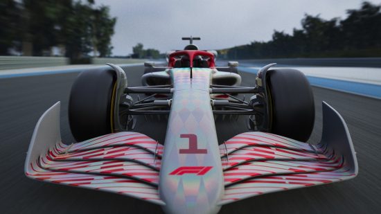 F1 Manager 2022 ratings: The original spec F1 2022 car facing the camera on a wet track