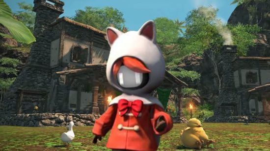 FFXIV Island Sanctuary - an NPC in a red coat and white hood, with two robot-like eyes peering out, on an island farm