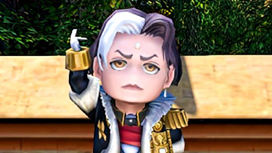 FFXIV The Rising 2022 - Clockwork Solus minion, a tiny model of Emet-Selch, a man with two-tone hair and powerful eyebrows