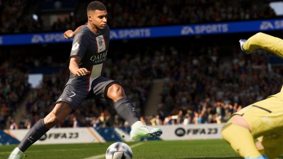 FIFA 23 ratings: Mbappe doing a stepover while the keeper dives