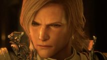 Final Fantasy 16 Tokyo Game Show: A blonde man with an angry look on his face is staring to his right