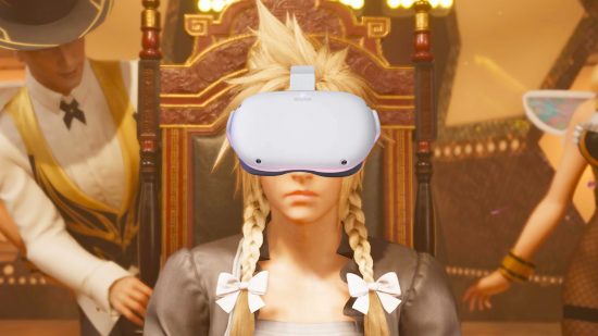 FF7 Remake VR mod: Cloud wearing dress and wearing Oculus Quest 2 headset