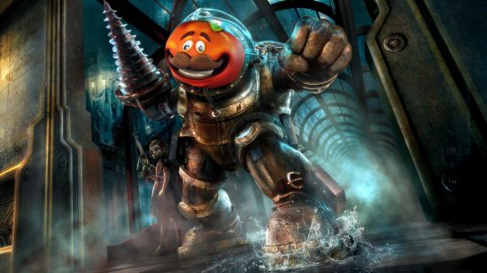 Fortnite map remakes sci-fi FPS Bioshock: a monster in a diving suit with a drill for a hand has its head replaced with a smiling tomato